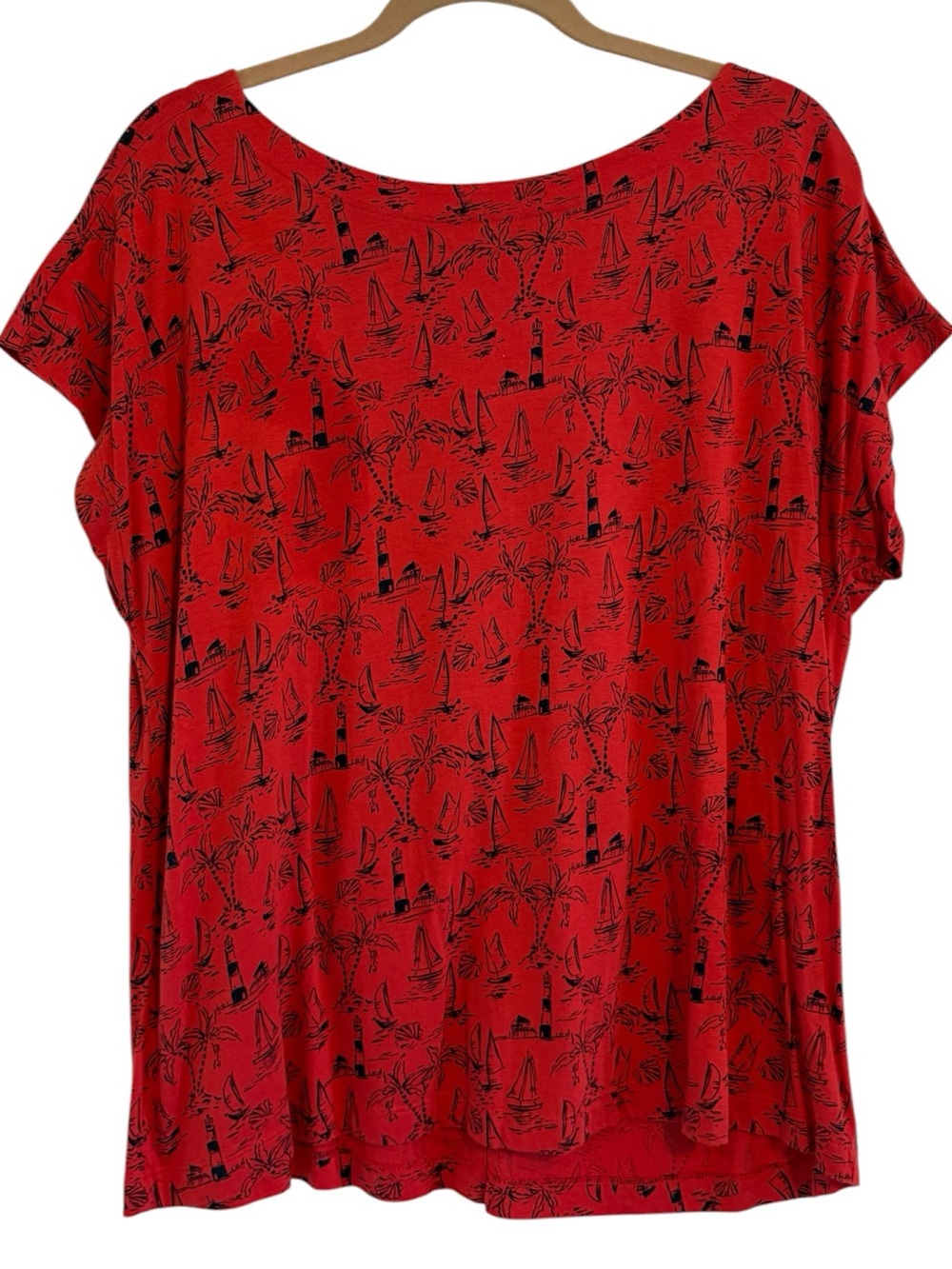J. Jill Red Nautical Print Tee with Back Buttons & Navy Trim | Women’s Large